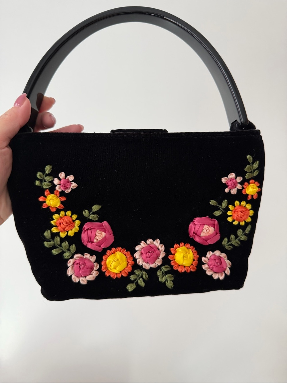 Vintage Talbots Black Velvet Floral Embroidered Handbag - Women's Top Handle Bag